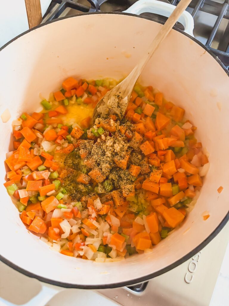 vegetables with seasoning in dutch oven