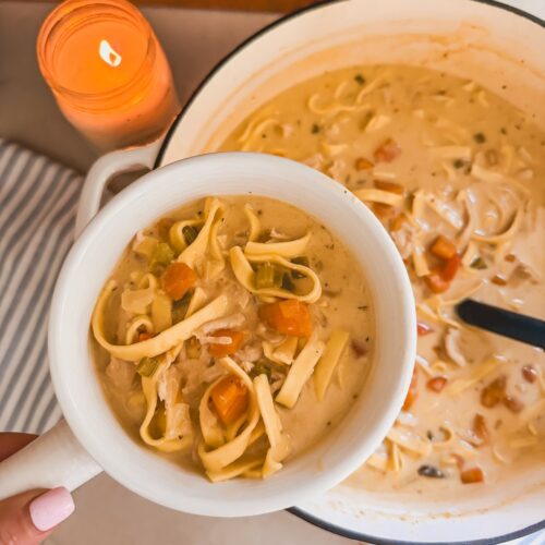 creamy chicken noodle soup in white bowl