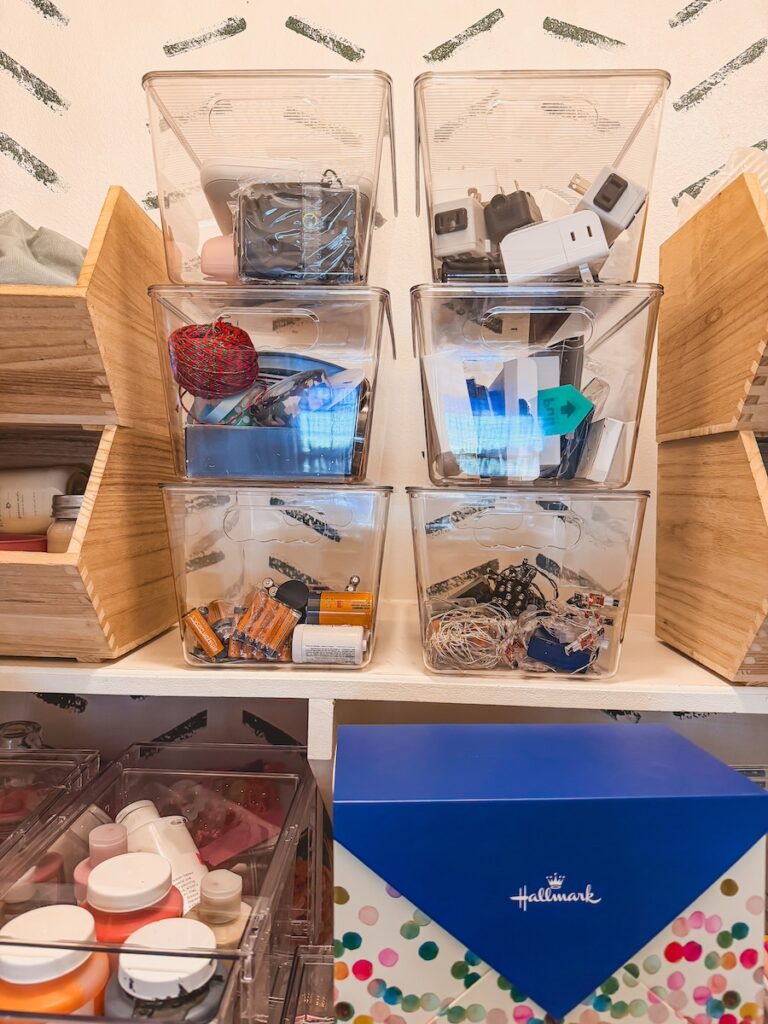 stackable clear bins in office closet