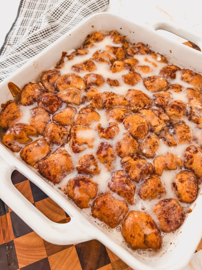 glaze poured on top of cinnamon roll bites