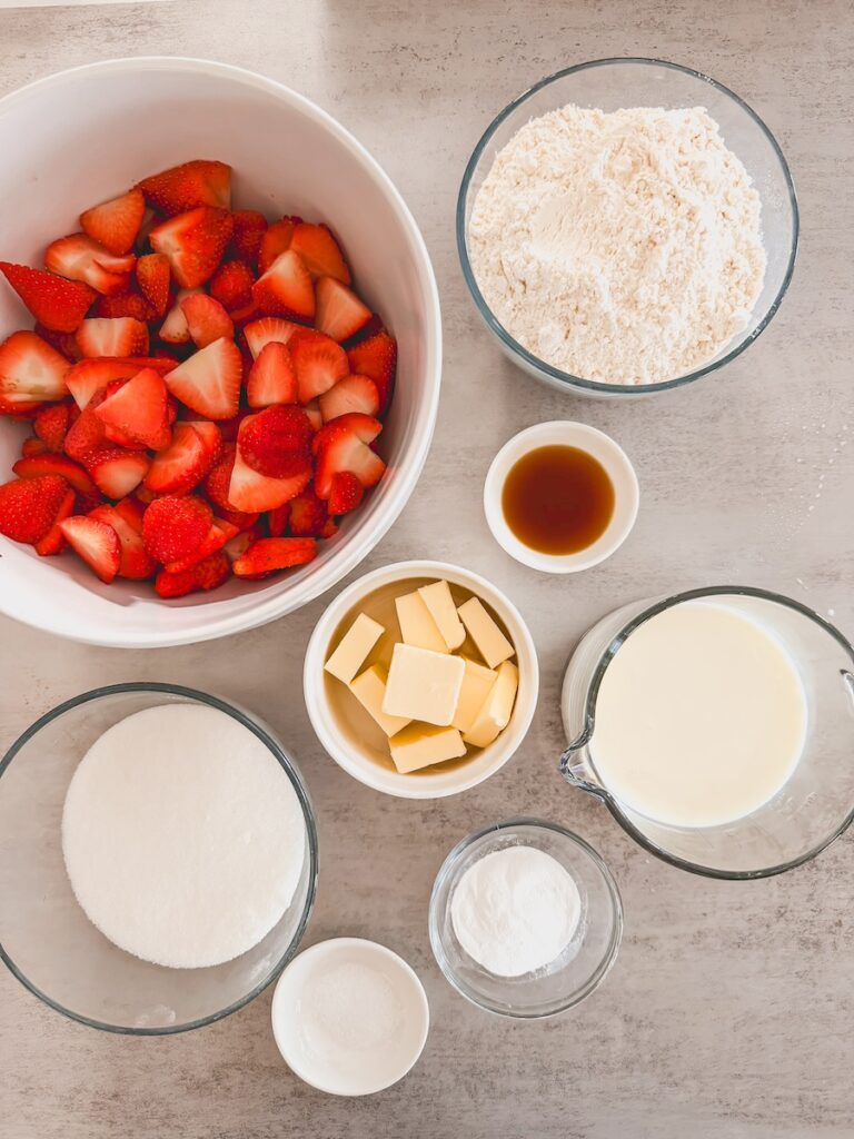 strawberry cobbler ingredients on white background