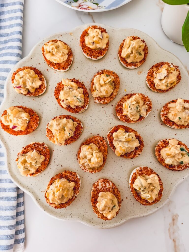 tray of mexcian street corn deviled eggs