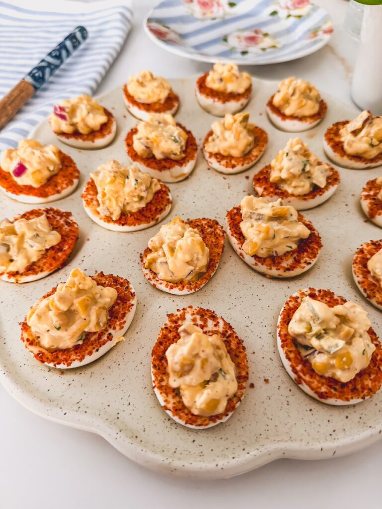 close up side shot of deviled eggs on egg tray