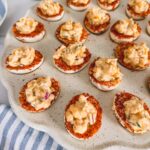 close up shot of deviled eggs on tray