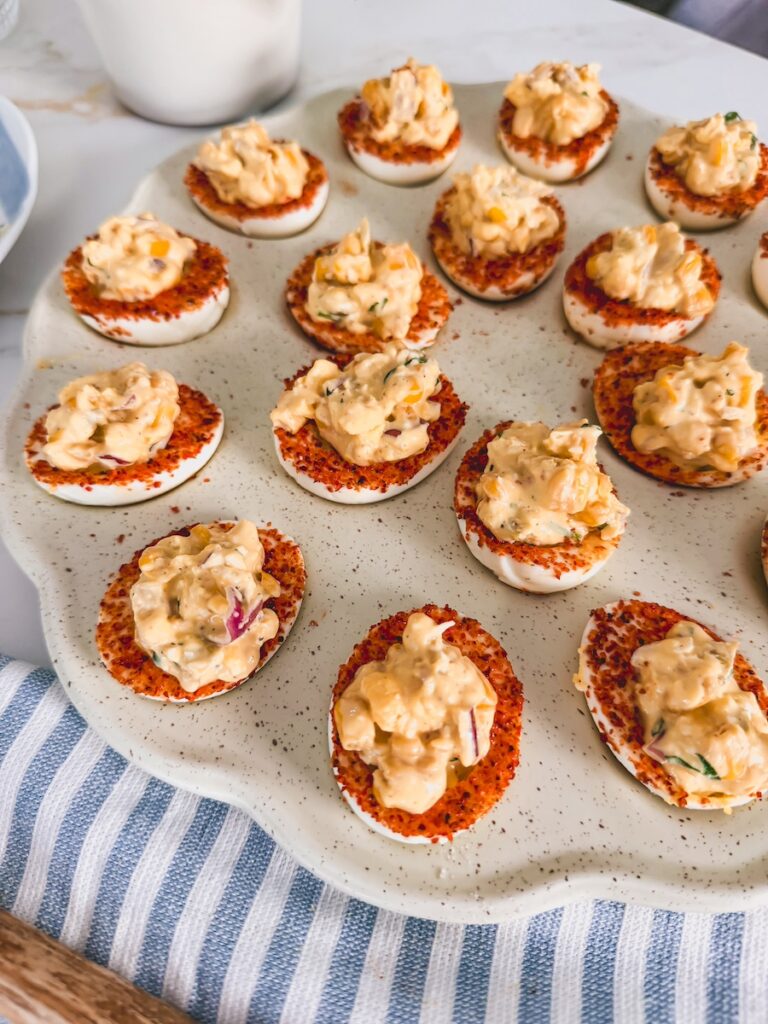 close up shot of deviled eggs on tray
