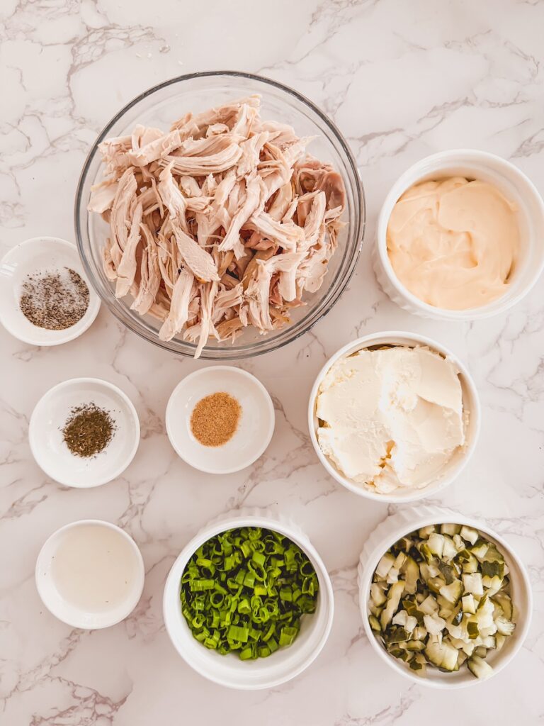 flatlay of ingredients for dill pickle chicken salad