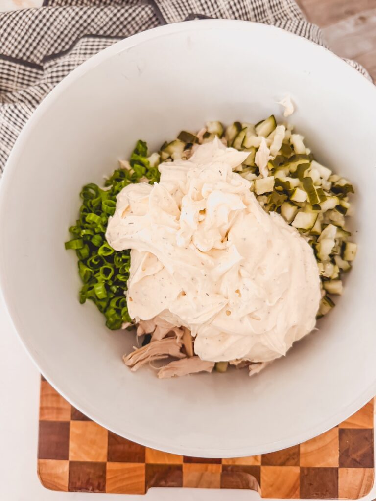 dressing poured over chicken mixture
