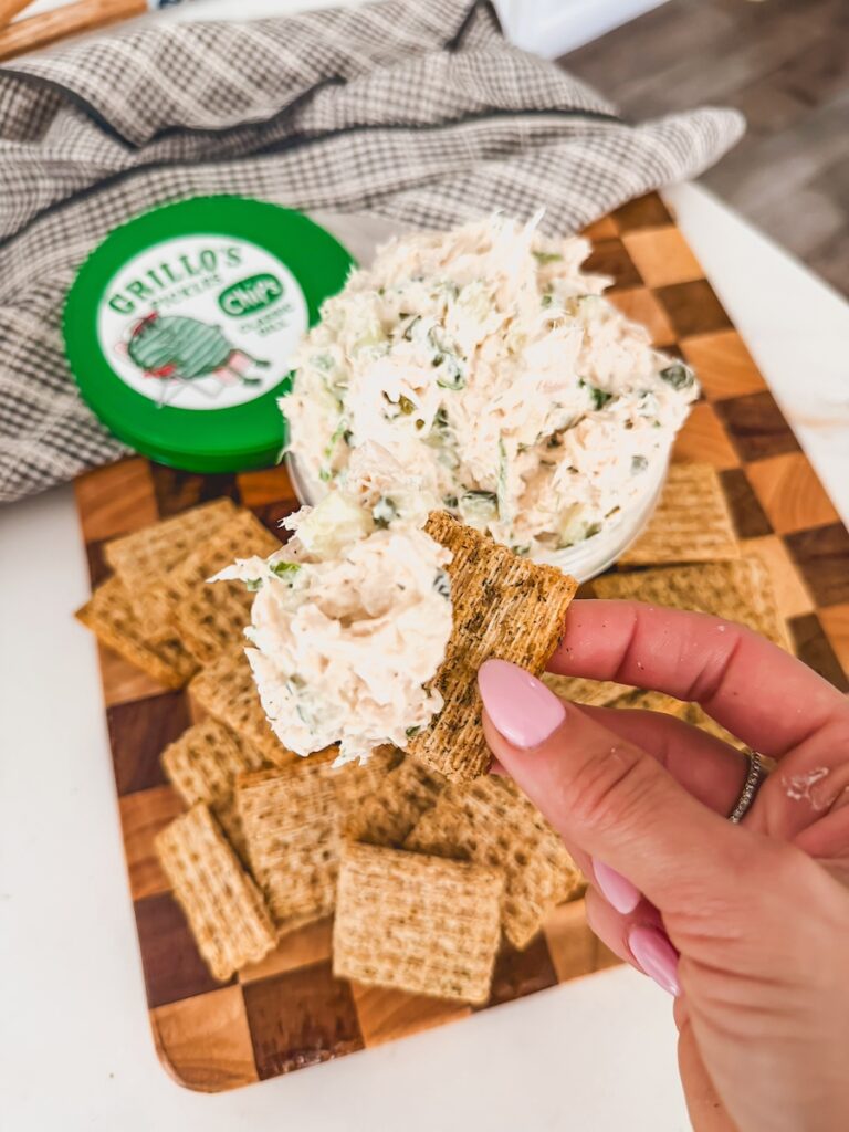 soop of chicken salad on a trisket