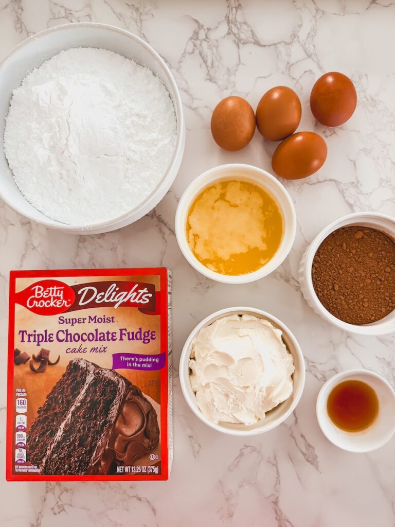 flatlay of ingredients for neiman marcus cake