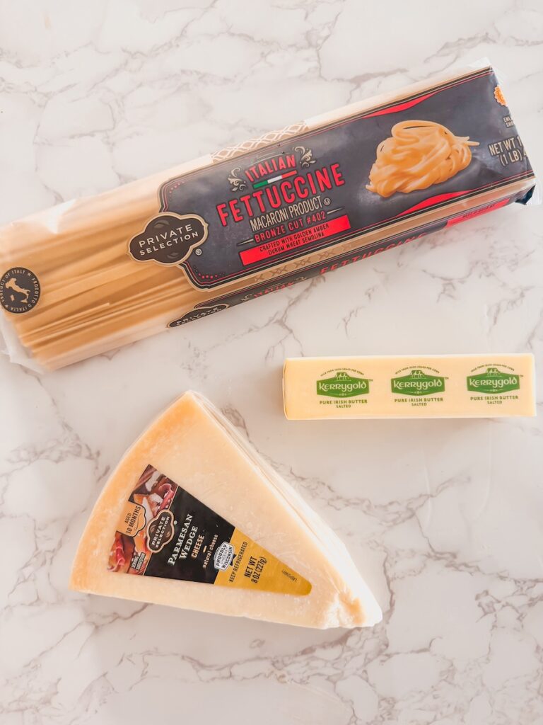 flatlay of ingredients for fettuccini alfredo