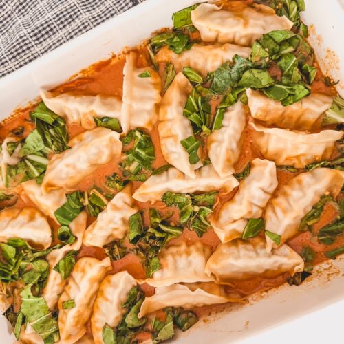 baking dish of one pan dumpling bake