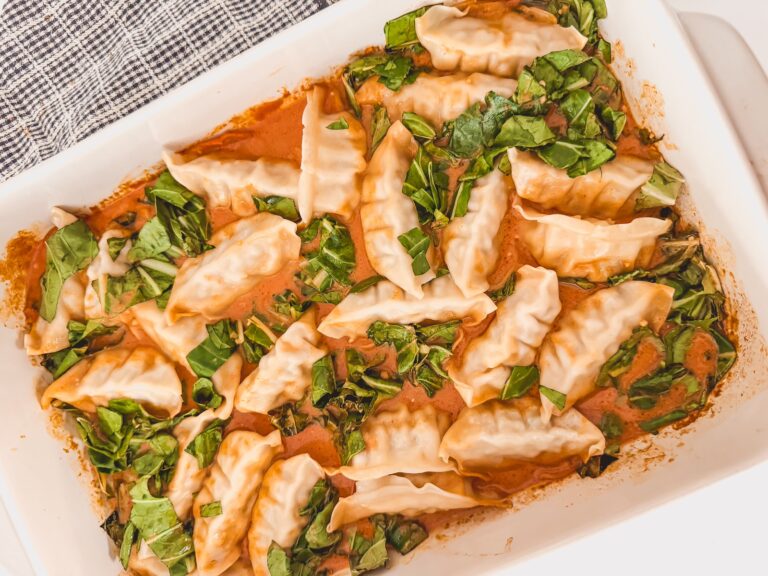 baking dish of one pan dumpling bake