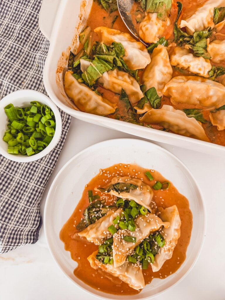 one pan dumpling bake with green onions