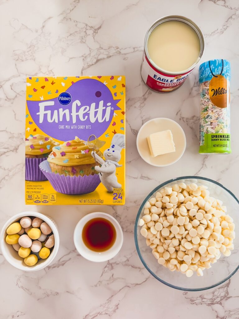 flatlay of cake batter fudge ingredients