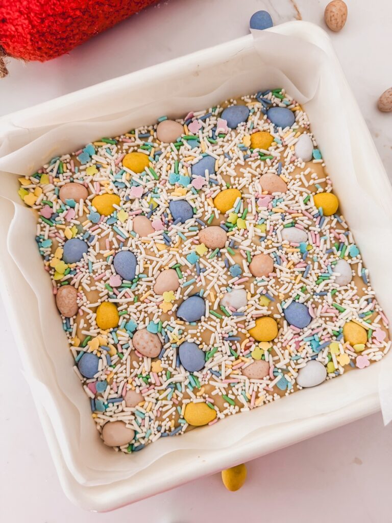 no bake cake batter fudge in baking pan