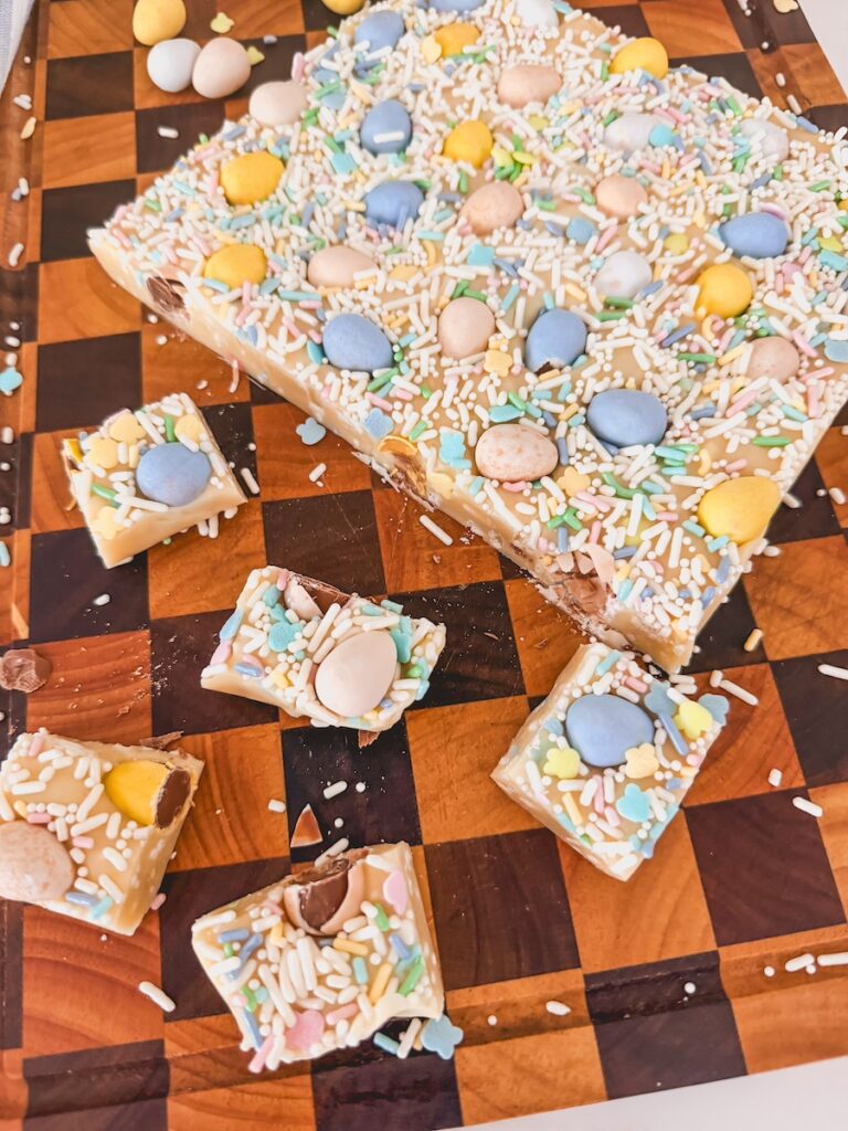 sliced fudge pieces on wood board