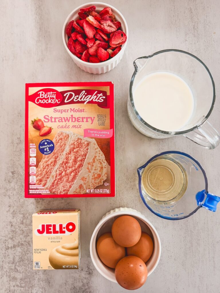 strawberry bundt cake ingredients on counter