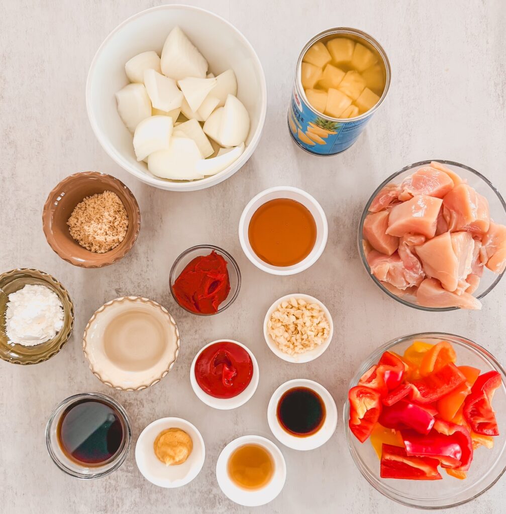 sweet and sour chicken ingredients on counter