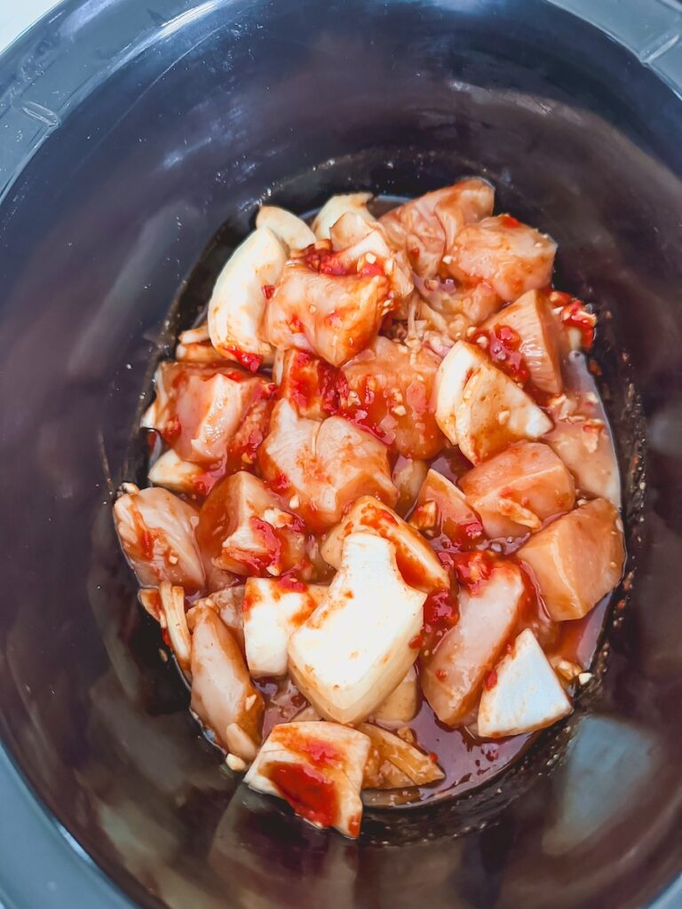 chicken and onions in slow cooker with some sauce ingredients