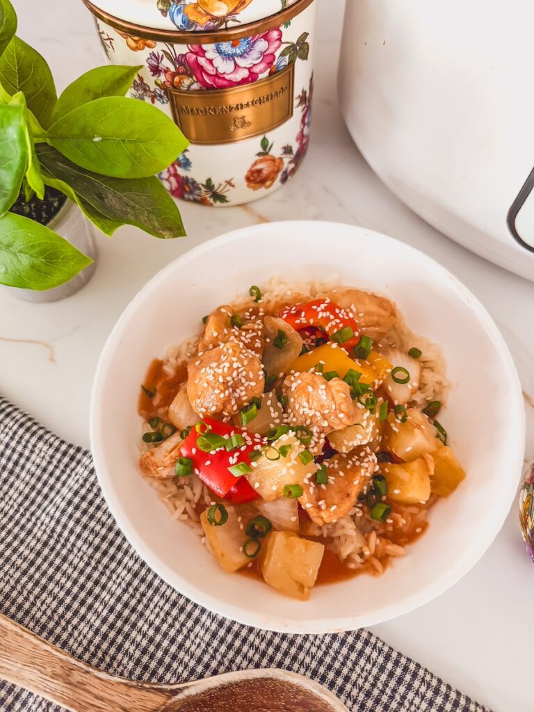 bowl of sweet and sour chicken on counter