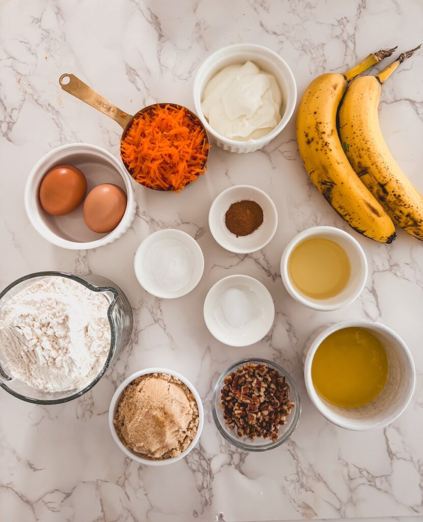 Ingredients for carrot banana muffins.