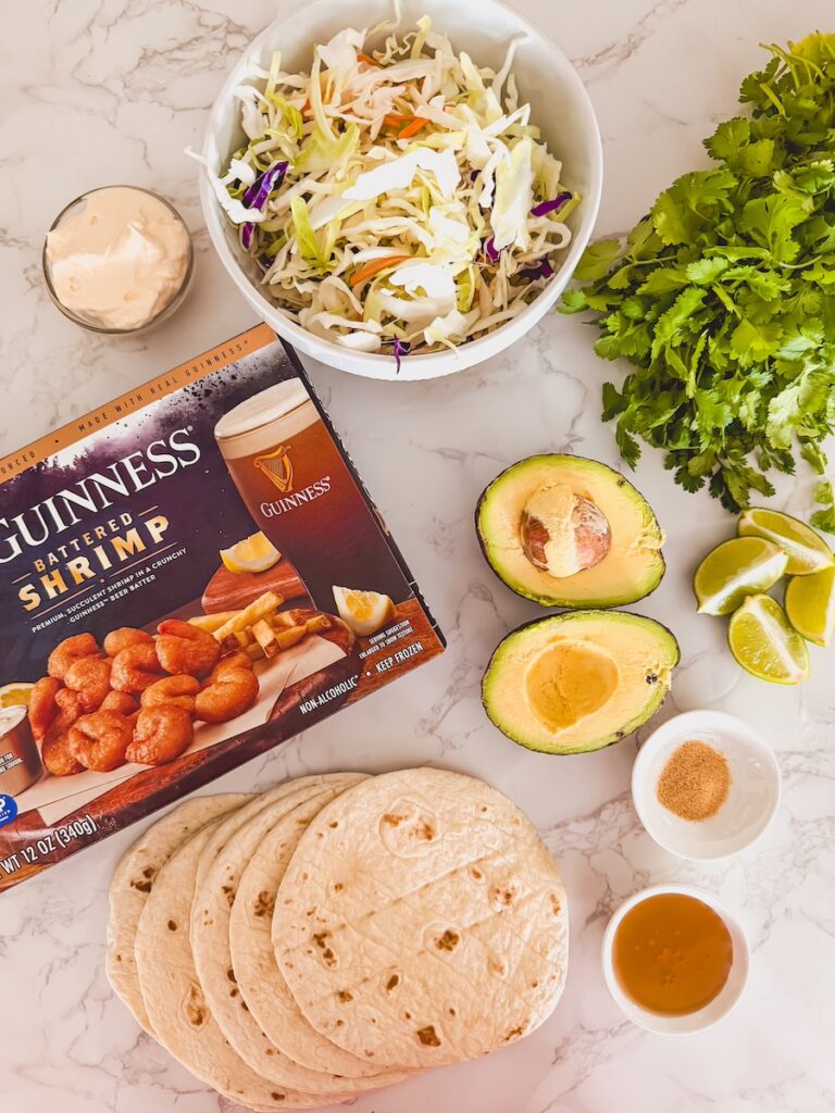 flatlay of ingredients for shrimp tacos