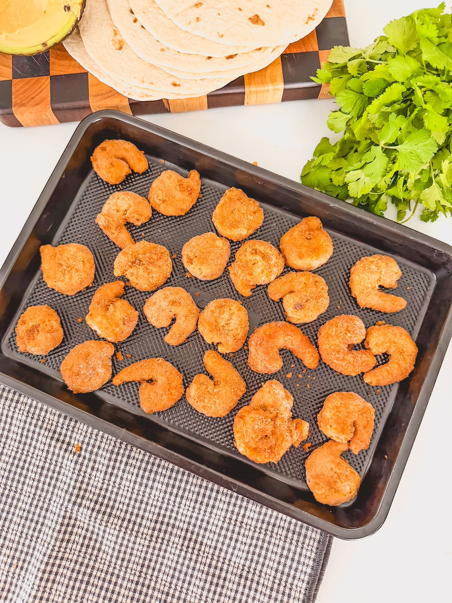 baking tray of beer battered shrimp