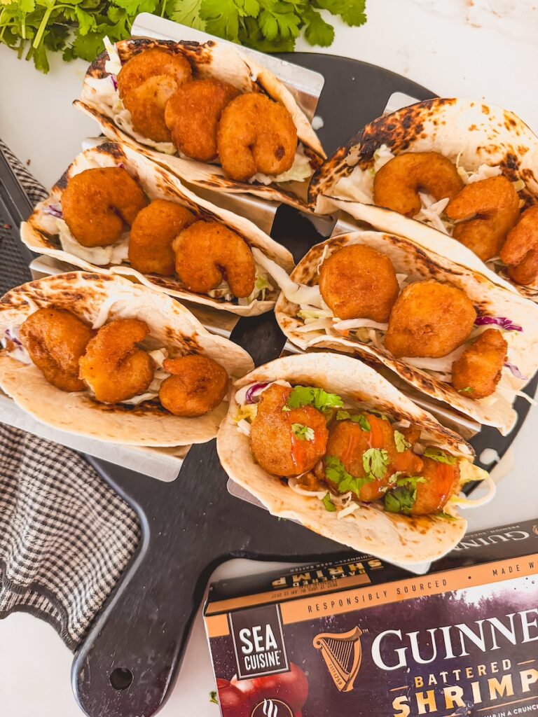 shrimp tacos displayed in taco pan
