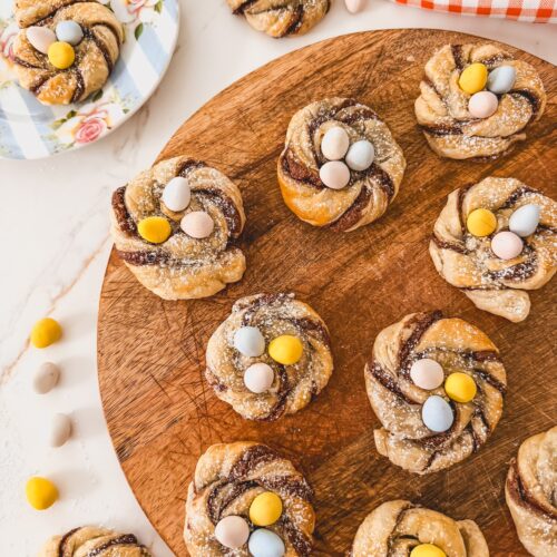 puff pastry nests on wood tray