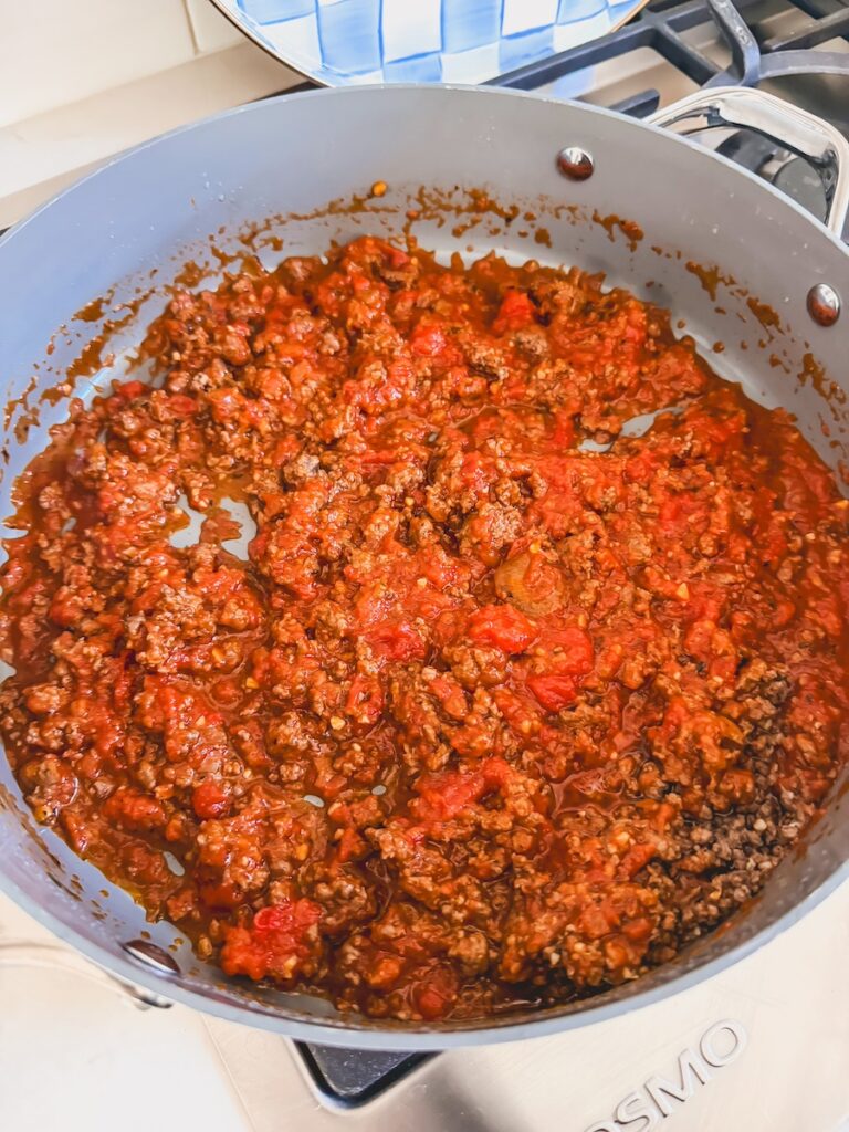 beef and tomato sauce mixture in pan