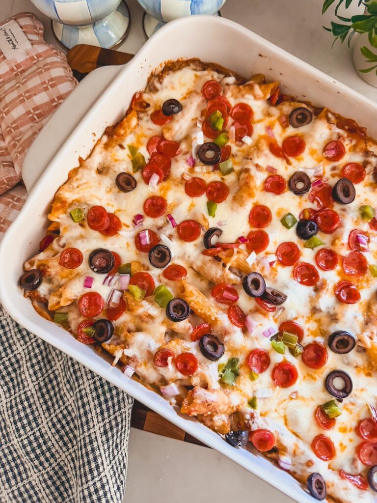 pizza casserole baked, birds eye view, in casserole dish