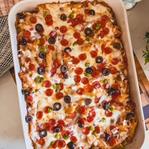 birds eye view of baked pizza casserole