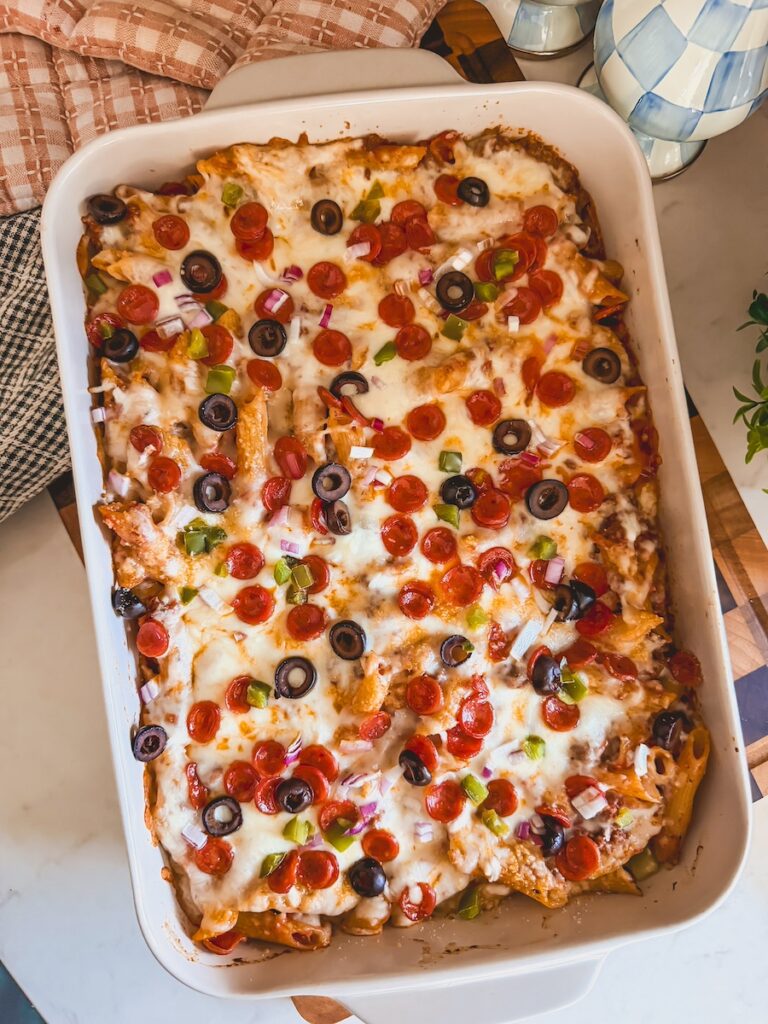 birds eye view of baked pizza casserole