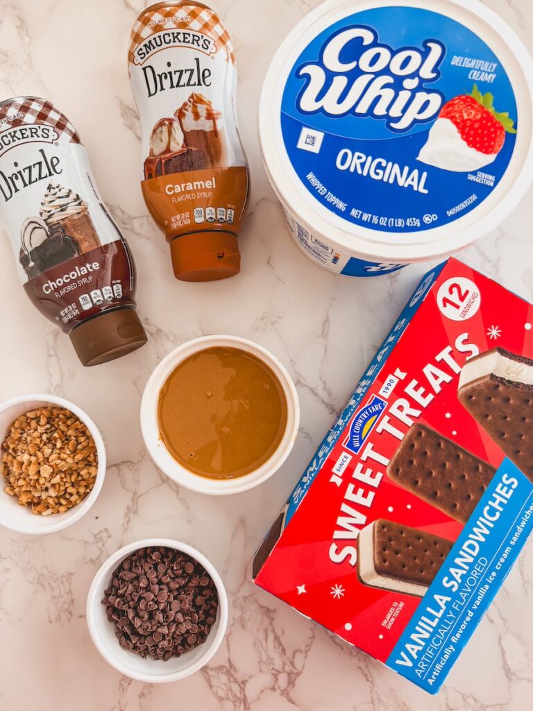 ice cream sandwich cake ingredients on marble countertop