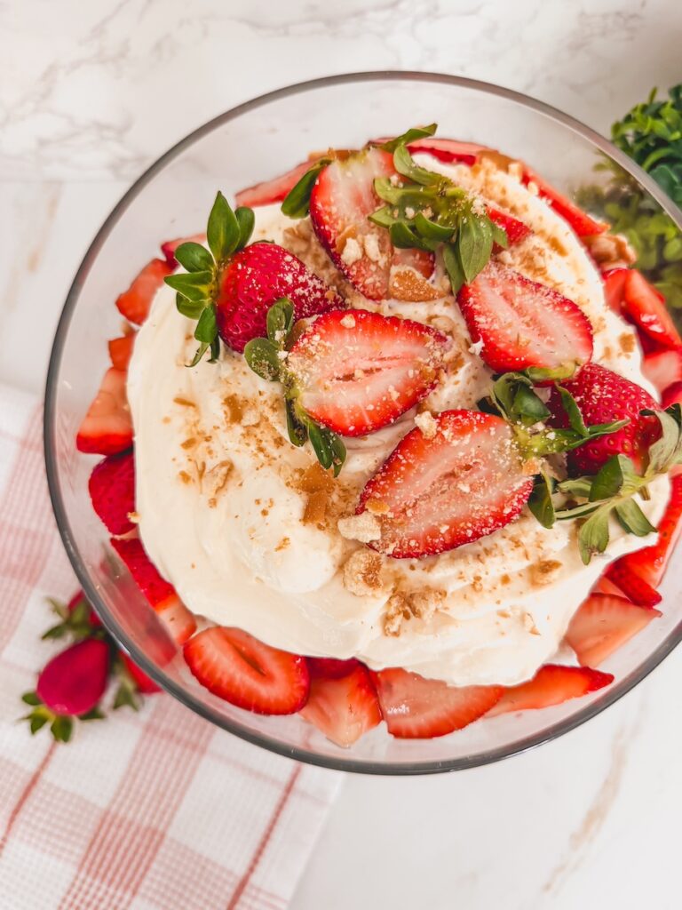 birds eye view of strawberry shortcake trifle in glass trifle on counter
