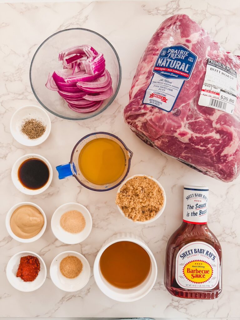 BBQ Pulled Pork Sliders ingredienst on marble counter