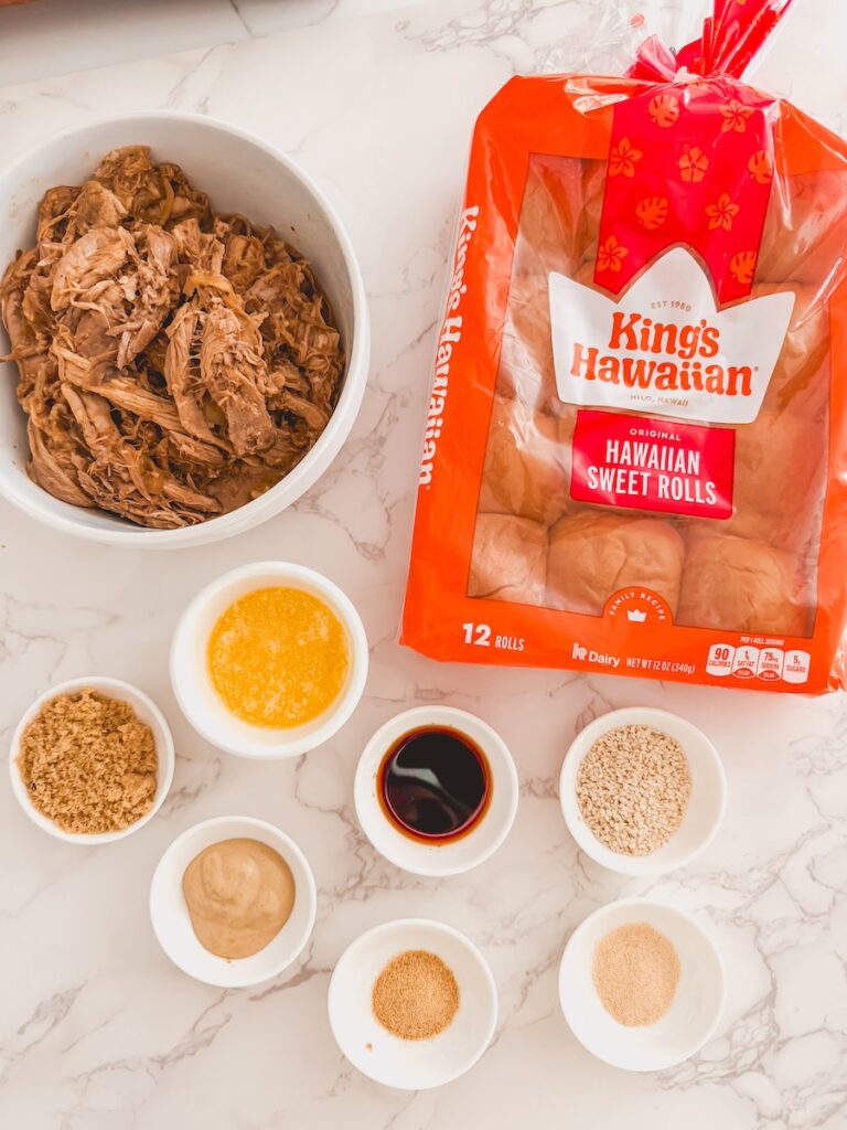 pulled pork sliders ingredients on marble counter