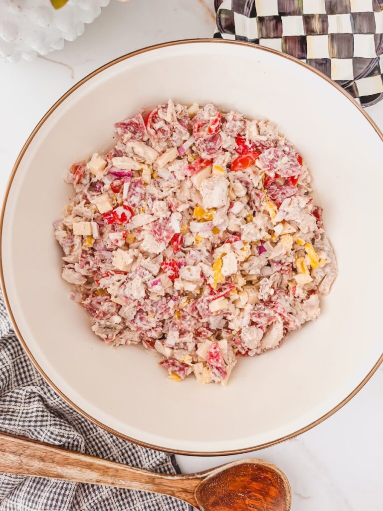 close up of italian grinder chicken salad in bowl