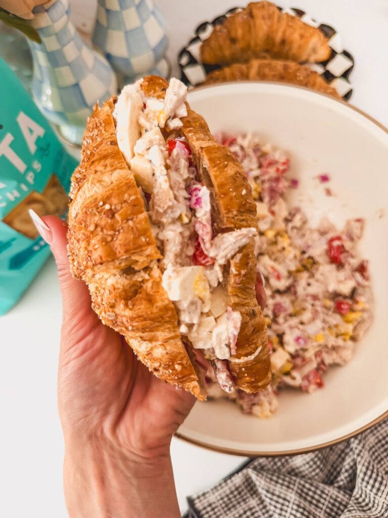Italian grinder chicken salad served on toasted bread like a sandwich
