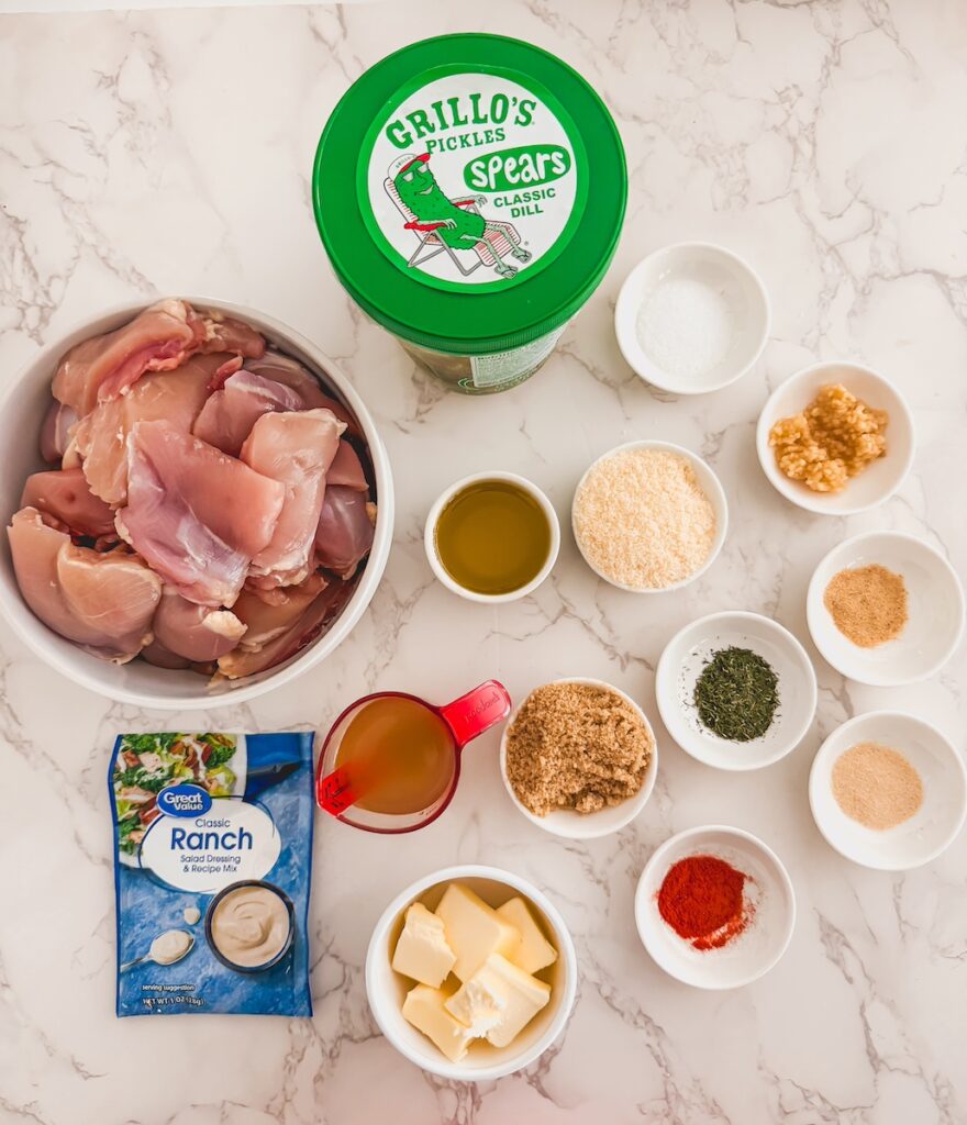 flat lay of ingredients for dill pickle ranch chicken skewers