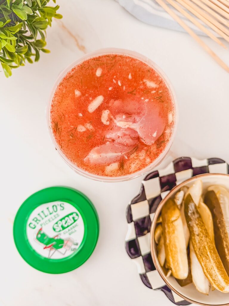 marinade in pickle jar for chicken skewers