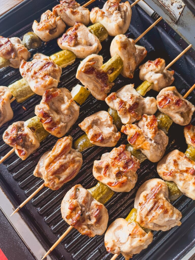 finished grilled chicken pickle skewers