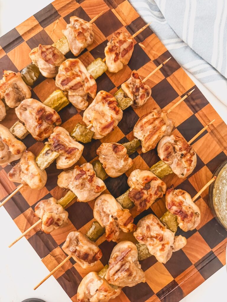 grilled chicken and pickle skewers for easy summer dinner