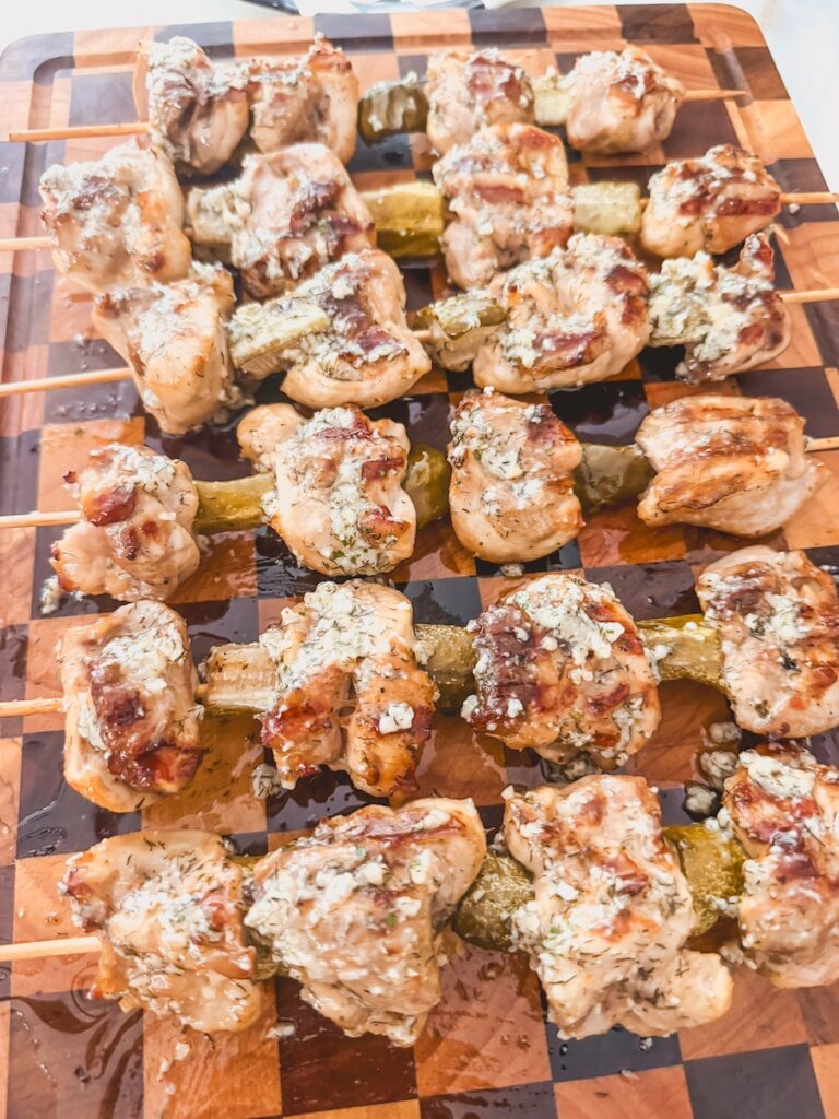 close up of dill pickle chicken skewers