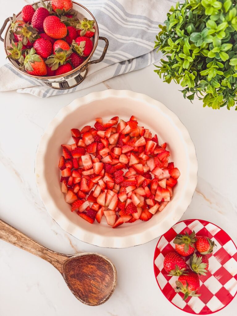 fresh diced strawberries in baking dish