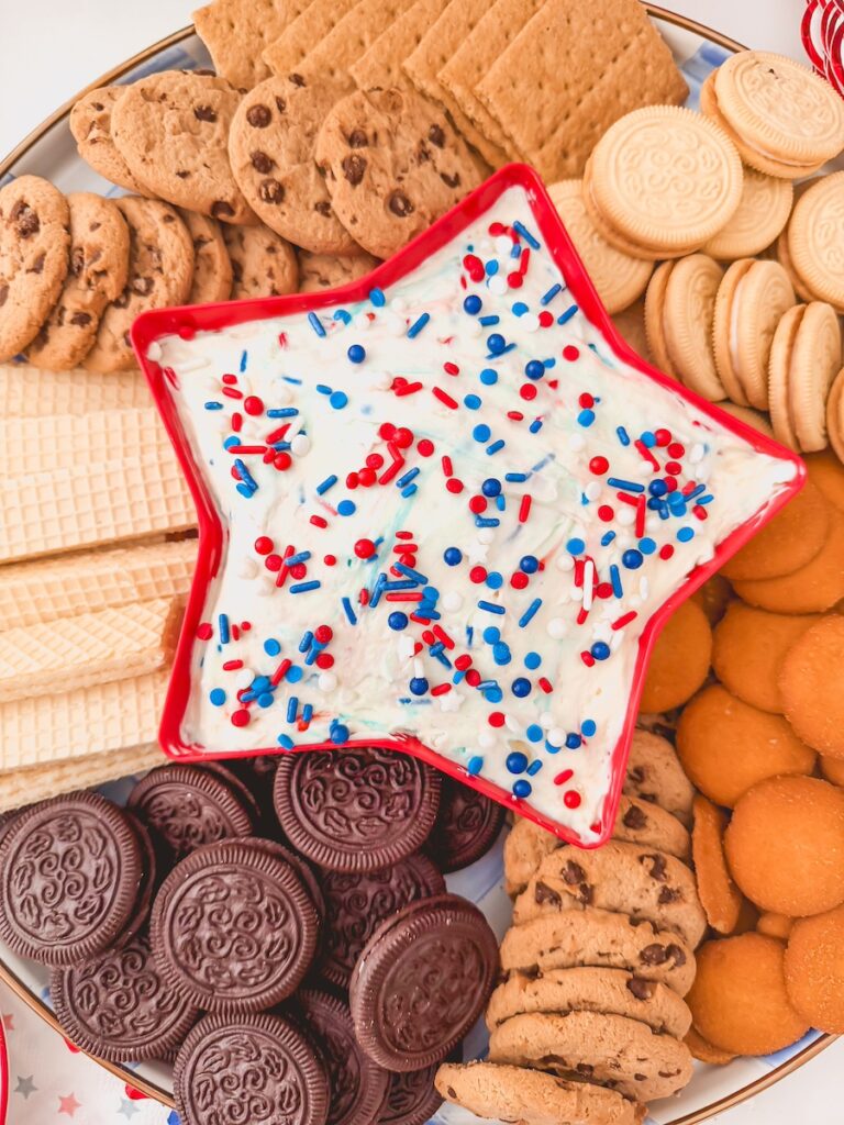 no bake funfetti dip in star bowl for patriotic dessert
