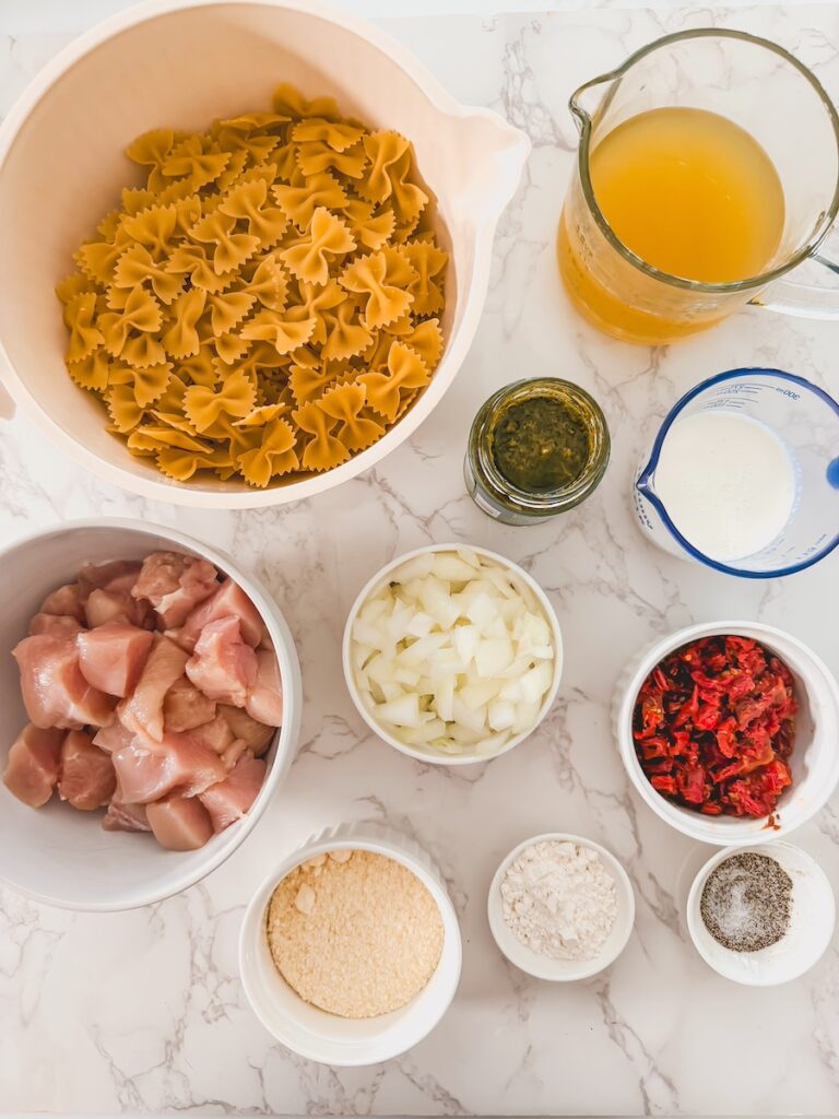Ingredients for chicken pesto pasta.