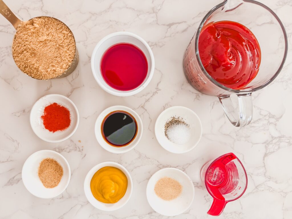 Ingredients for homemade barbecue sauce for bbq chicken skewers.