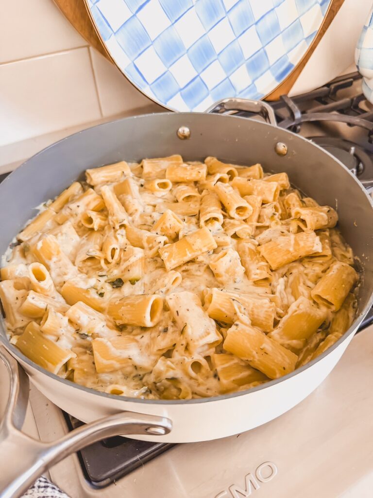 Lemon zucchini ricotta pasta in a skillet.