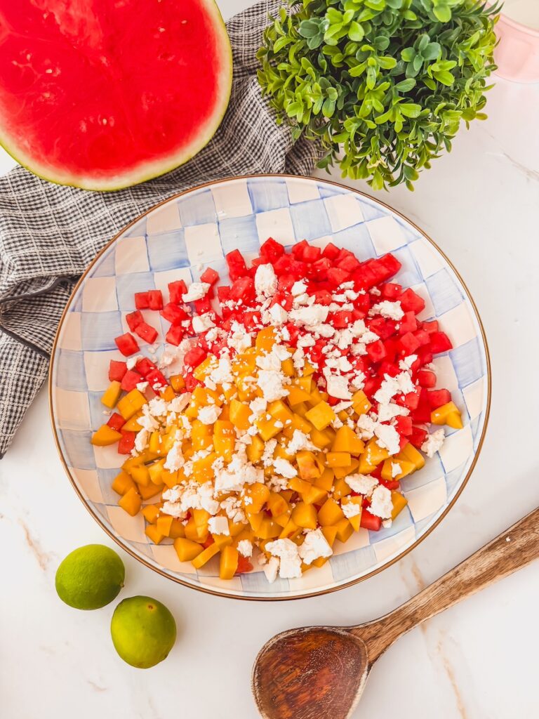 feta mixed in with peaches and watermelon